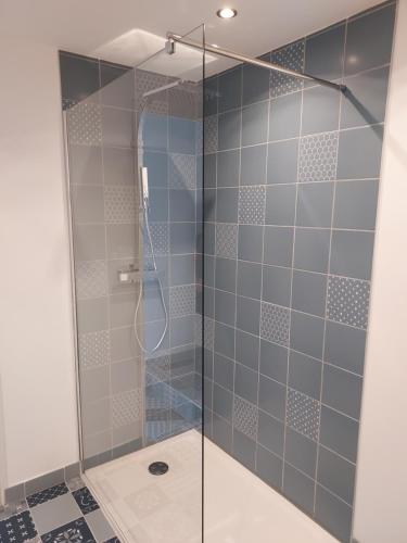 a shower in a bathroom with blue tiles at Céline et corentin in Pordic