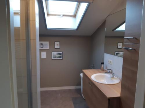 a bathroom with a sink and a skylight at Hoevetoerisme Op 't Zand in Neerpelt