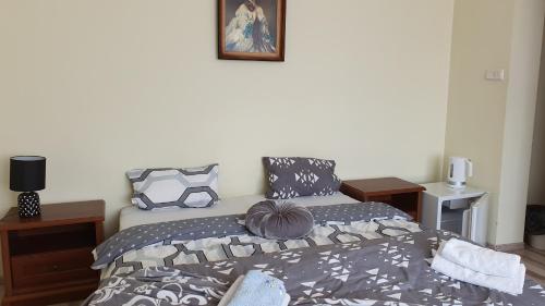 a bedroom with a bed with blue and gray pillows at Zibi SPA in Malbork
