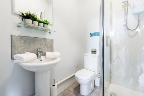 a bathroom with a toilet and a sink and a shower at Wrexham Central Stay - Apartment Six in Wrexham