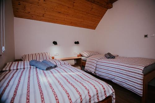een kamer met 2 bedden en een houten plafond bij Luna in Blidinje
