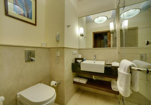 a bathroom with a toilet and a sink and a mirror at Muse Sarovar Portico Nehru Place in New Delhi