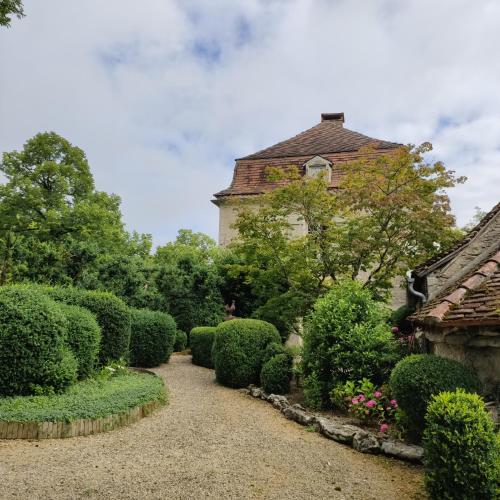 a garden with bushes and a building in the background at Manoir de Malagorse in Cuzance