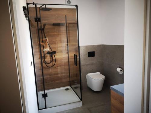 a shower with a glass door in a bathroom at Apartament w Dolinie Popradu 2 in Piwniczna-Zdrój