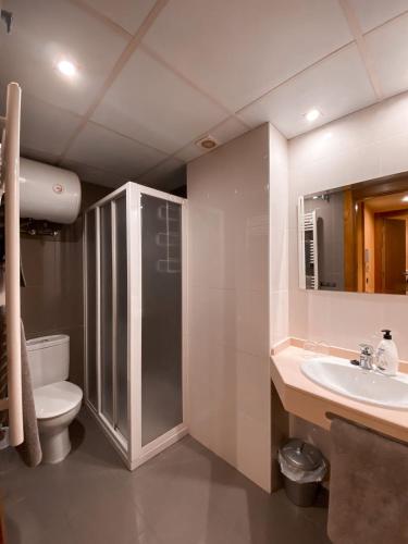 a bathroom with a toilet and a sink and a mirror at Apartamentos Turisticos Graus in Graus