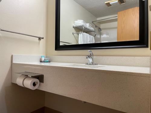 a bathroom with a sink and a mirror at Crossroads Hotel and Huron Event Center in Huron