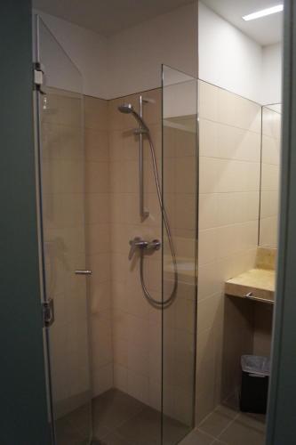 a shower stall with a glass door in a bathroom at Alberg Los Josepets in Les Cases d'Alcanar