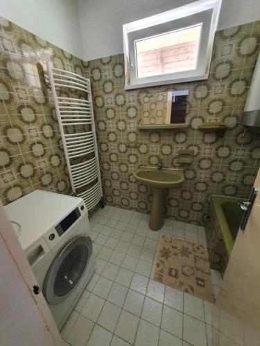 a bathroom with a washing machine and a sink at Wolf Vendégház in Balatonkeresztúr