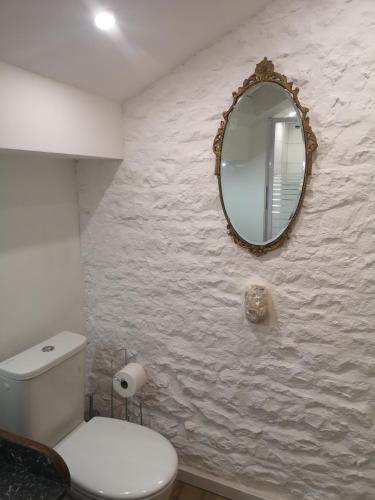 une salle de bain avec toilettes et un miroir au mur dans l'établissement La Maison Verger, à Limalonges