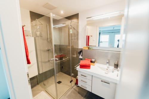 a bathroom with a shower and a sink at Weinreisedomizil mit eigenem Garten und Parkplatz in Deidesheim