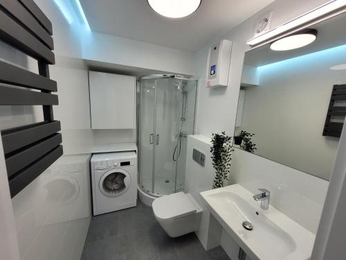 uma casa de banho com um lavatório e uma máquina de lavar roupa em Słoneczny Apartament przy Filharmonii, Wałach Chrobrego em Szczecin