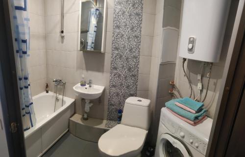 ペトロザヴォーツクにある"Apartment na Lenina 5" Самостоятельное заселение 24x7のバスルーム(トイレ、洗面台、洗濯機付)