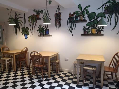 a restaurant with tables and chairs and potted plants on the wall at Igloo Hybrid in Nottingham
