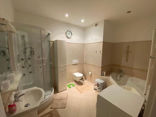 een badkamer met een douche, een bad en een wastafel bij Jurincom apartments Petrin in Karlsbad