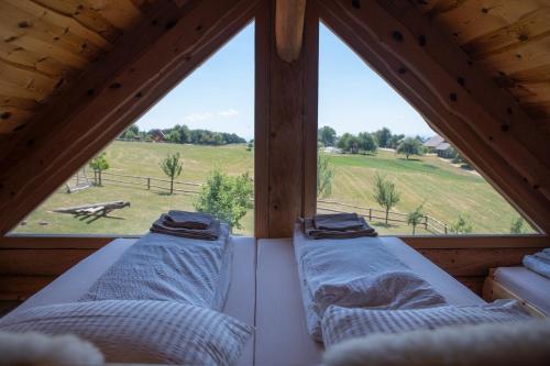 two beds in a room with a large window at Holiday Home Ernest Železni with hot tub in Ivančna Gorica