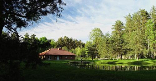 a house in the middle of a field with a pond at Forest house for family in Lebeniškiai
