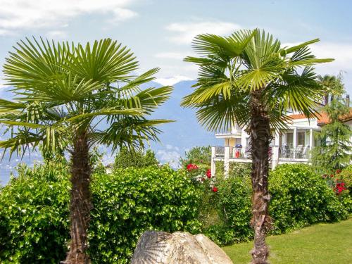 two palm trees in front of a house at Apartment Miralago - Utoring-35 by Interhome in Piazzogna