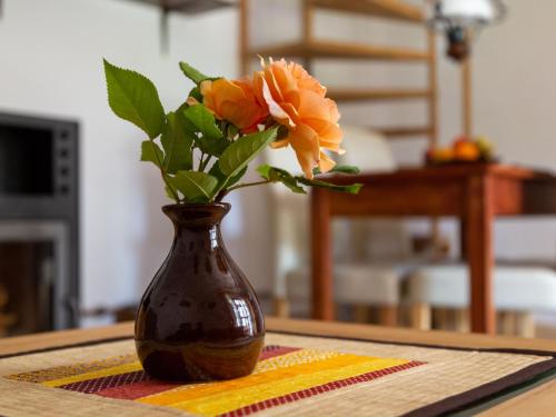 a vase with orange flowers sitting on a table at Holiday Home Lhotka nad Bečvou by Interhome in Lhotka nad Bečvou