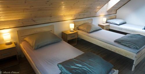 two beds in a room with wooden walls and lights at Całoroczne domki nad jeziorem Luterskim in Piszewo