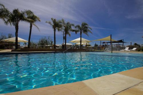 a large swimming pool with palm trees and umbrellas at Sun Country Lifestyle Park in Mulwala