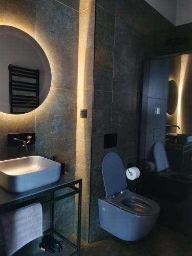 a bathroom with a toilet and a sink at Apartamenty Dobry Browar in Gniezno