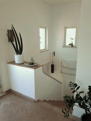 a bathroom with a counter with a potted plant at La BouganVilla Charme & Relax vista mare in Finale Ligure