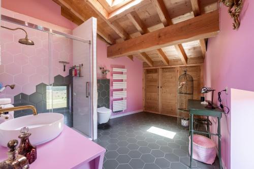 a bathroom with pink walls and a sink and a shower at Maison Melanie - Superbe Chalet proche des pistes in Les Angles