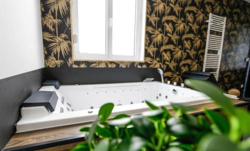 Pontavert的住宿－Suite Spa Privatif，带浴缸、窗户和植物的客房