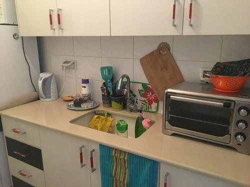 a kitchen counter with a sink and a microwave at Comfortable Studio Herzliya in Herzelia 