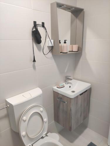 a white bathroom with a toilet and a sink at Apartments Markovi Konaci in Trebinje
