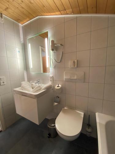 a bathroom with a toilet and a sink and a mirror at Pension Haus in der Sonne in Fieberbrunn