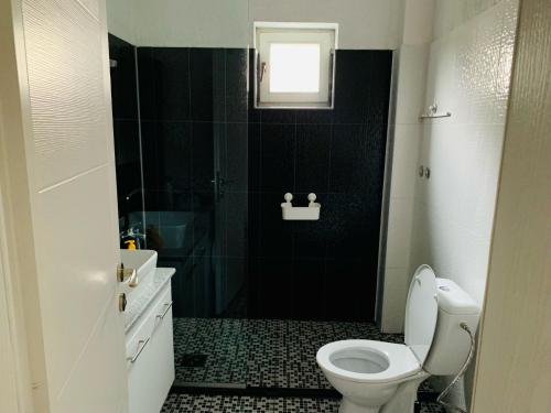 uma casa de banho com um WC, um chuveiro e um lavatório. em Eli&Kire's Home em Bitola