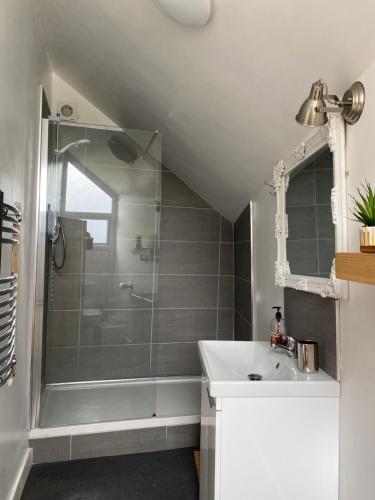 a bathroom with a shower and a sink at Delightful One Bed Lake District Cottage in Penrith