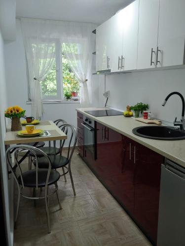 een keuken met witte kasten en een tafel en stoelen bij Casa Elena in Brădetu