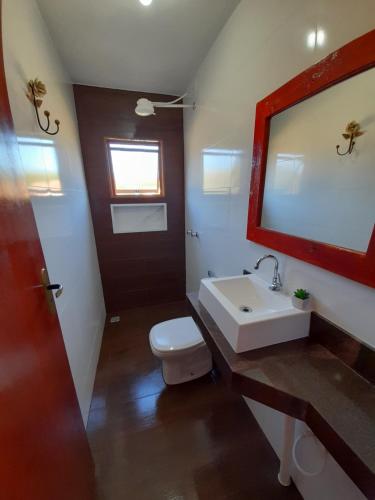 a bathroom with a sink and a toilet and a mirror at Chalé Recanto das palmeiras in São Thomé das Letras