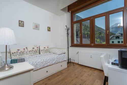 a living room with a couch and a window at Cave del Predil Lovely Apartments in the Julian Alps in Cave del Predil