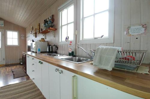 a kitchen with a sink and a counter top at Cosy Cottage-Álfabakki-with hot tub in Stóri-Bakki