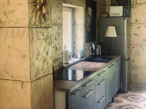 eine Küche mit blauen Schränken, einem Waschbecken und einem Fenster in der Unterkunft Forest house for family in Lebeniškiai