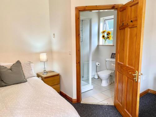 a bedroom with a bed and a bathroom with a toilet at Orchard Lodge in Glenavy