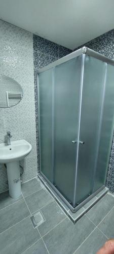 a glass shower in a bathroom with a sink at Vila Marija in Kruševo