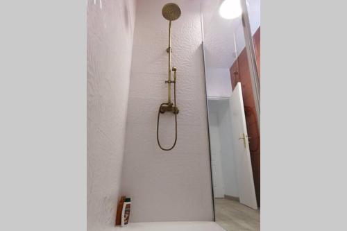 La salle de bains est pourvue d'une douche dans un mur blanc. dans l'établissement L'Ethnique Chic, à Douai