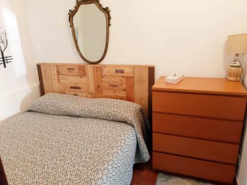a bedroom with a bed and a dresser and a mirror at Monolocale rustico di Ariola in Cansano