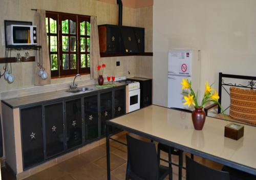 a kitchen with a counter and a counter top with a refrigerator at Cabañas San Lorenzo in San Lorenzo