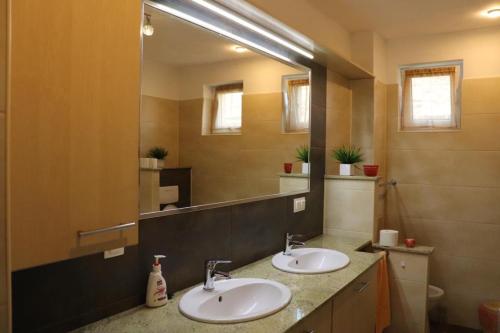 baño con 2 lavabos y espejo grande en Fűzfa, en Miercurea-Ciuc