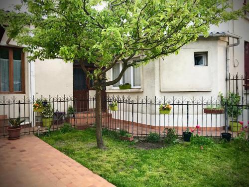 a fence in front of a house with a tree at Petit studio cosy in Bobigny