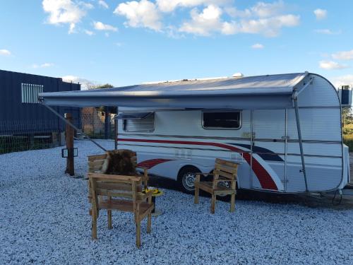 a dog sitting in a chair in front of a trailer at Trailer novo completo. in Bagé