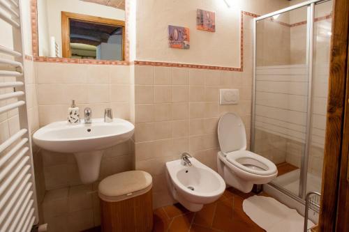 a bathroom with a sink and a toilet and a shower at Borgo alle Mura in Casale Marittimo