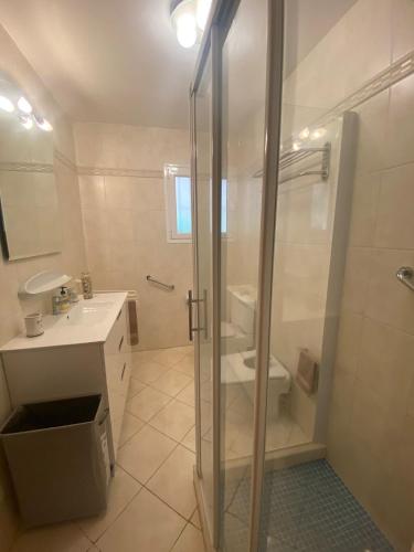 a bathroom with a shower and a sink and a toilet at Villa Haleakala in Moraira