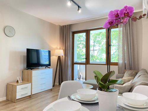 a living room with a couch and a tv at City Centre Bright & Cozy Apartment for 4 persons in Stara Zagora