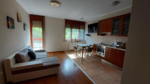 een woonkamer met een bank en een keuken bij Sunny Loft Kecskemét in Kecskemét